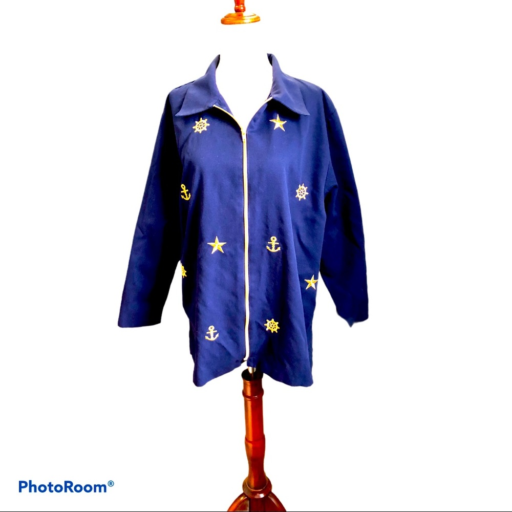 Vtg Grandmacore Nautical Blue Gold Cotton‎ Blend Blazer Bon Worth LP